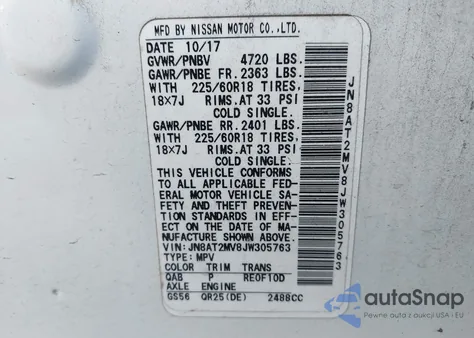 2018 Nissan Rogue Sl z USA, uszkodzony, nr VIN JN8AT2MV8JW305763